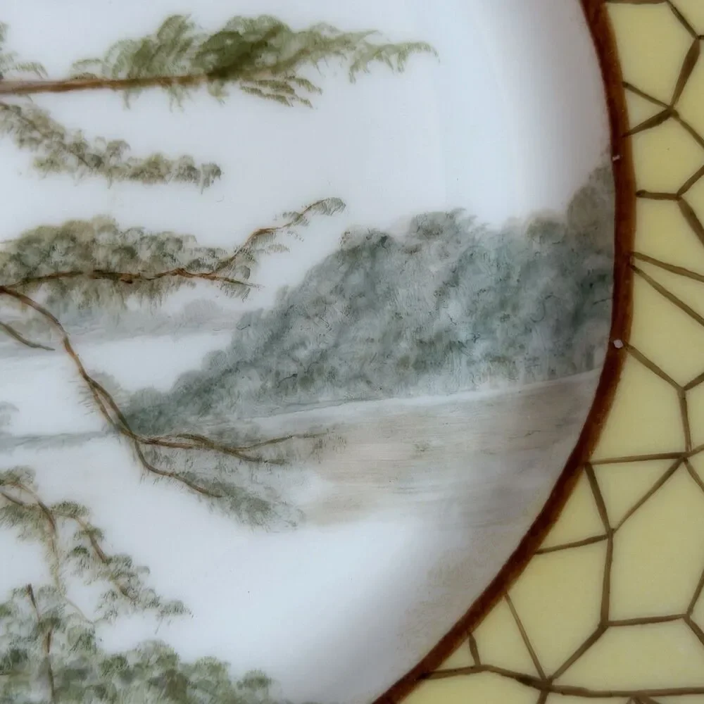 Antique H & Co Limoges Hand Painted Yellow Landscape Trees Rocky Coast 7 3/4”